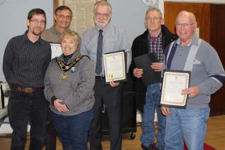 Central Frontenac Council acknowledged the efforts of the MUCC (multi-use cultural centre) Steering Committee Tuesday night following a presentation by chair Gary Giller. From left: treasurer Michael McGovern, Gary Giller, Mayor Frances Smith, Coun. Bill MacDonald, former CAO/Clerk John DuChene, former Coun. John Purdon